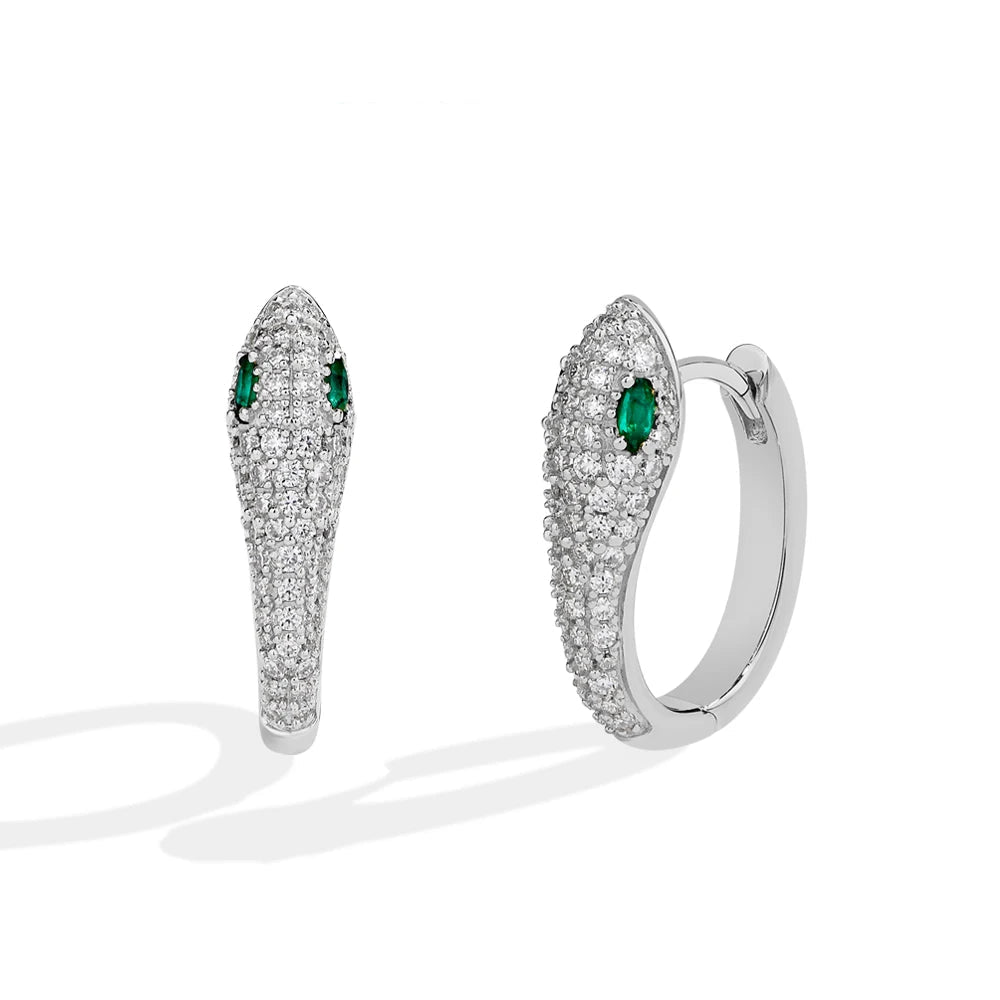 Snake stud earrings with emerald accents and moissanite stones