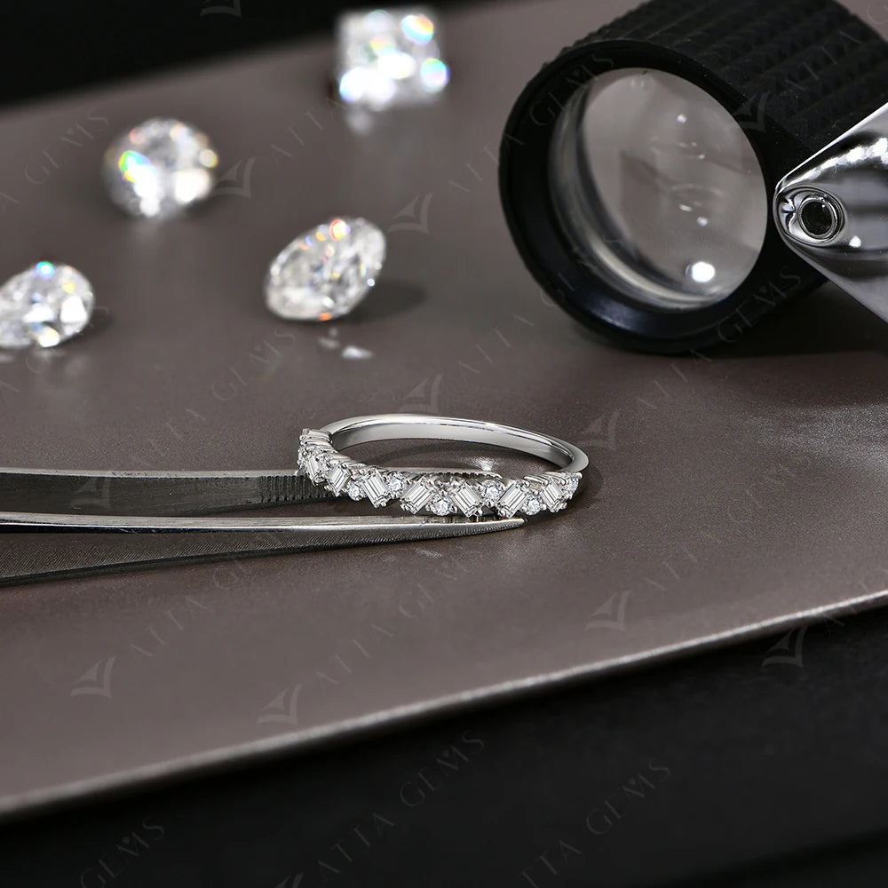 Wedding ring band showing moissanite jewelry rings sparkle in 925 silver