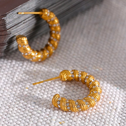 Twisted Croissant C-Shape Hoop Earrings with CZ