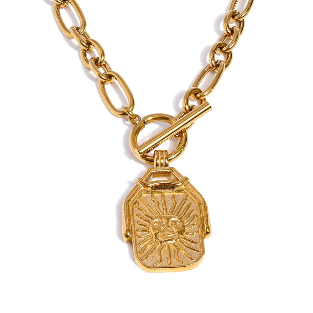sleek gold necklace long chain stainless steel with sun moon details