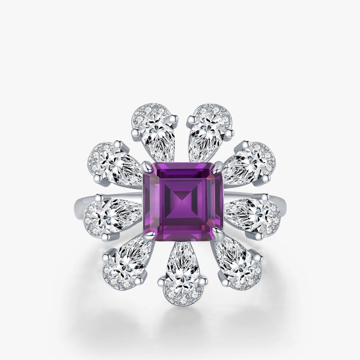 Violet Asscher flower ring sterling silver sparkle