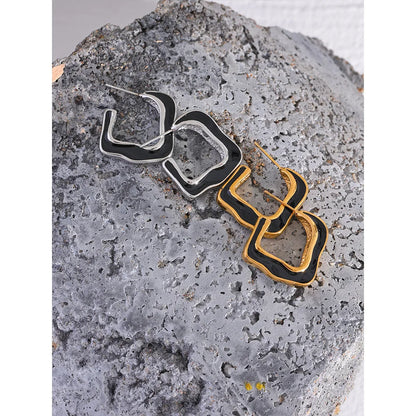 Black Enamel Square Huggie Earrings in Gold