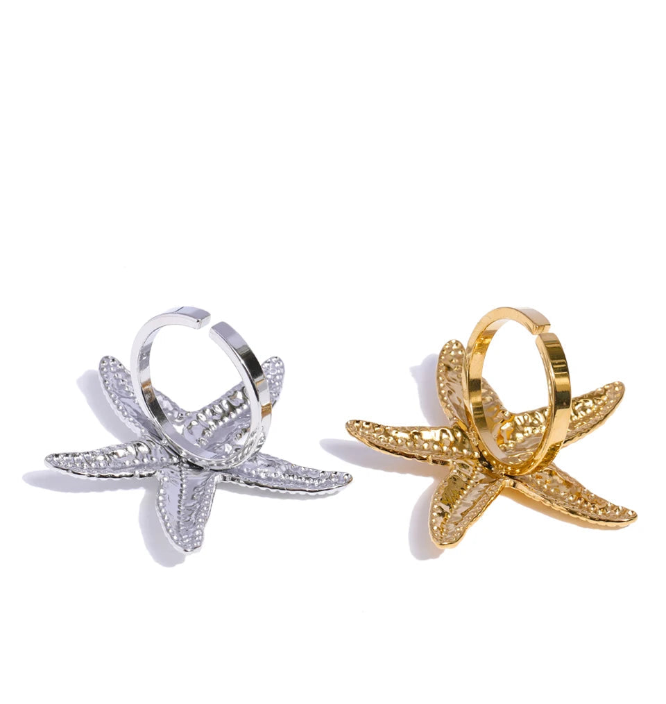 Stainless steel rings featuring textured starfish pattern