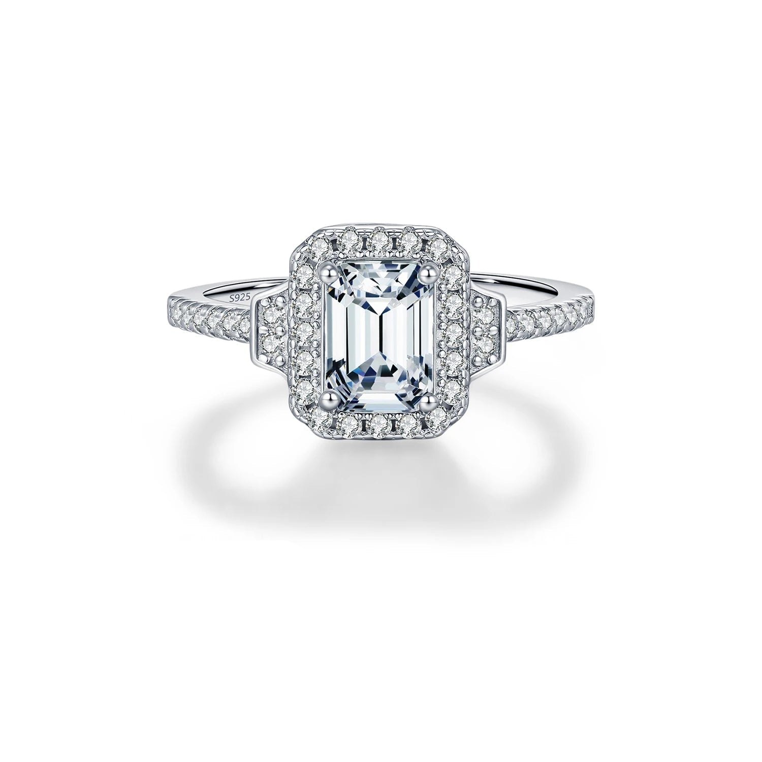 Emerald cut moissanite halo wedding ring in 925 sterling silver