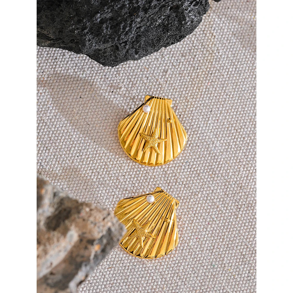 Gold Starfish & Shell Stud Earrings