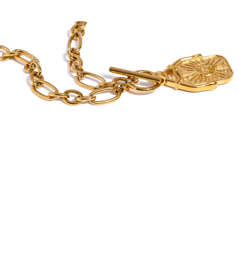 gold plated rectangle pendant necklace with sun moon symbols women accessory