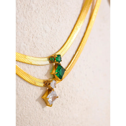 Green & White Gold Flat Snake Chain CZ Pendant Necklace