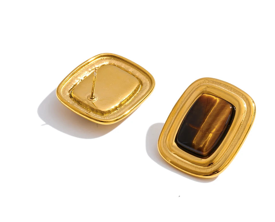 Yhpup Stainless Steel Tiger Stone Square Stud Earrings Waterproof High Quality Temperament Natural Stone Jewelry Cast Technology