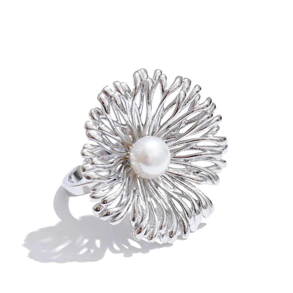 Lightweight pearl flower ring with gold plated finish