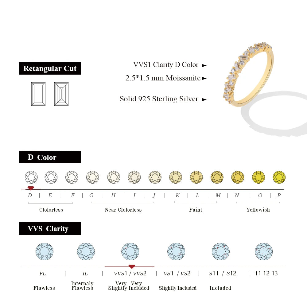 Baguette design moissanite jewelry rings look in polished 925 silver