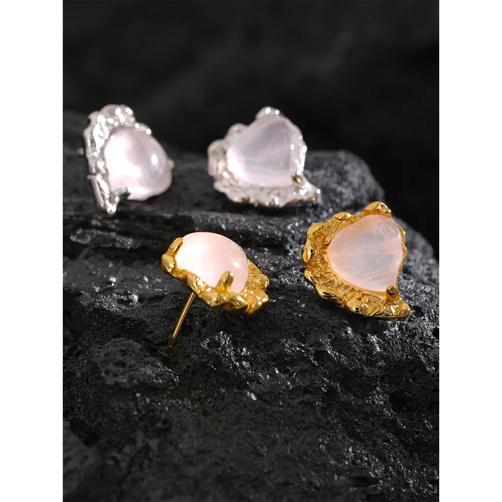 Rose Quartz Heart Sterling Silver Stud Earrings