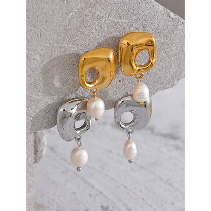 Stainless Steel Square Hollow Pearl Drop Earrings