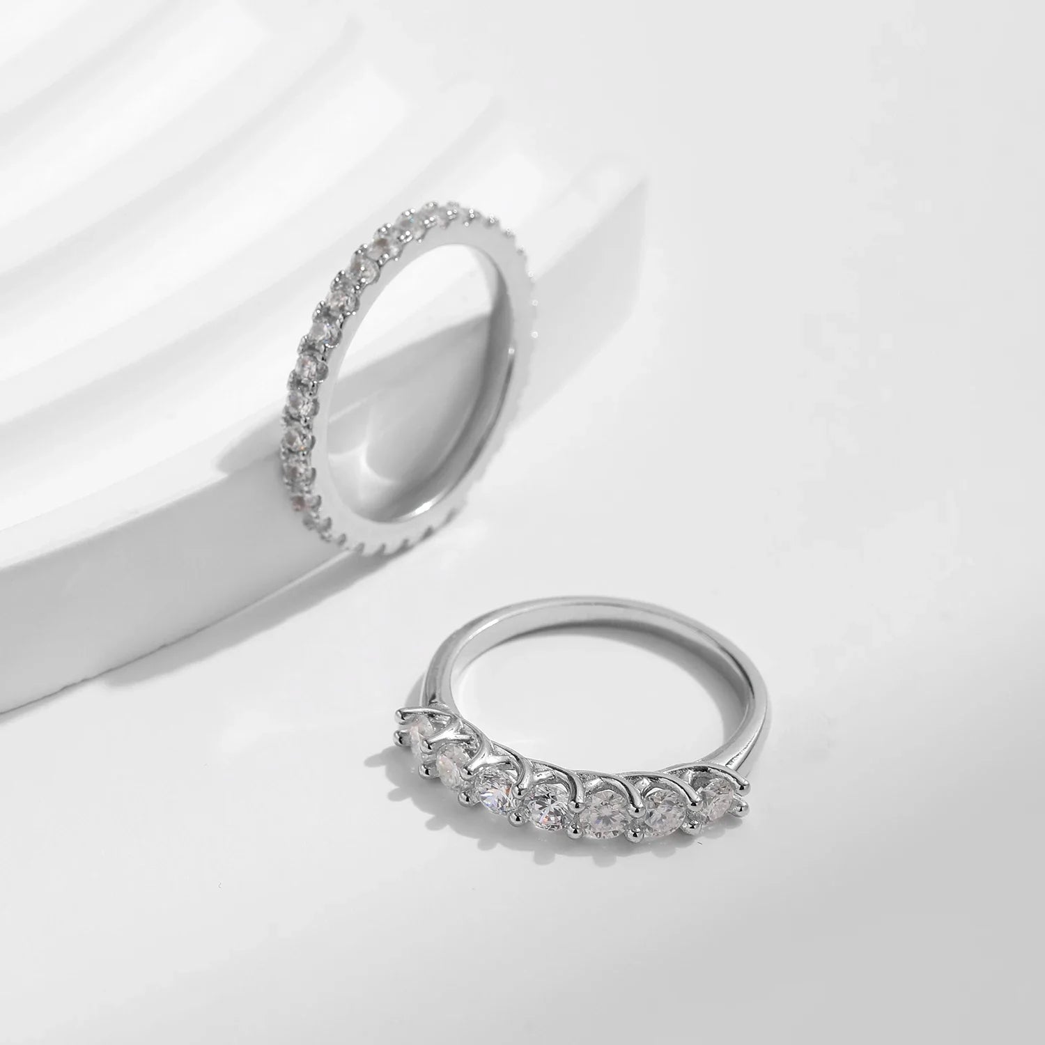 Wedding band rings stack highlighting moissanite jewelry rings glow