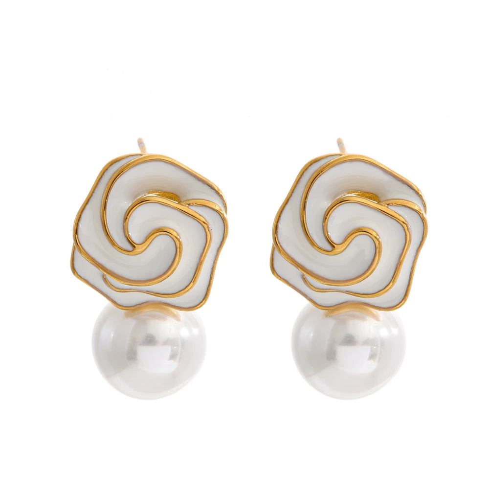 Front view of gold plated flower pearl stud earrings
