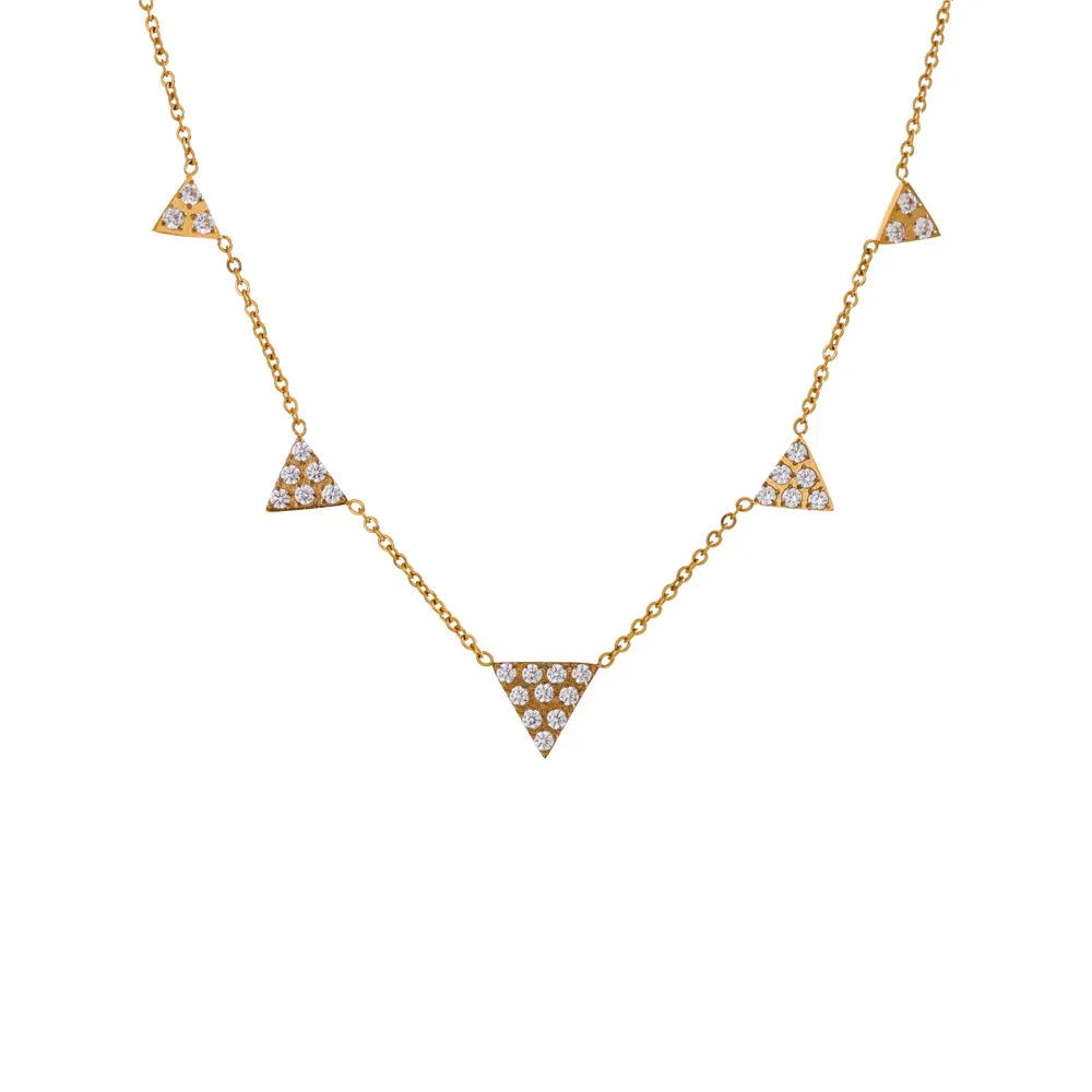 Cubic zirconia triangle drop necklace on a gold chain in gold plated stainless steel jewelry