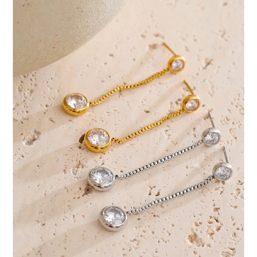 Elegant dangle earrings gold tone with long chain design