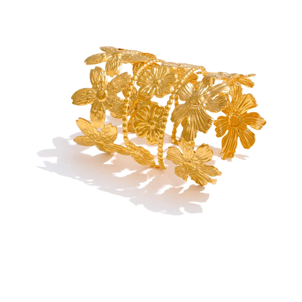 Gold flower cuff bracelet in stainless steel jewelry for gold women bracelet style