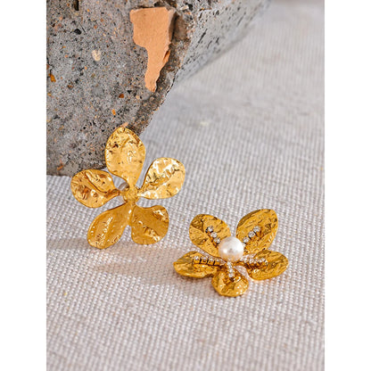 Gold Flower Stud Earrings with Cubic Zirconia & Pearls