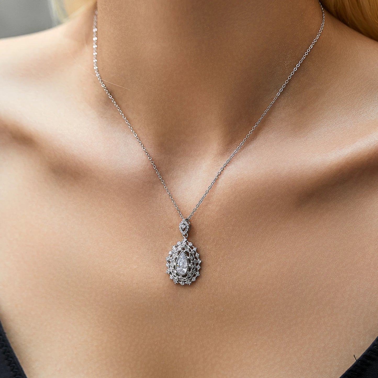 Sterling Silver Water Drop CZ Pendant Necklace