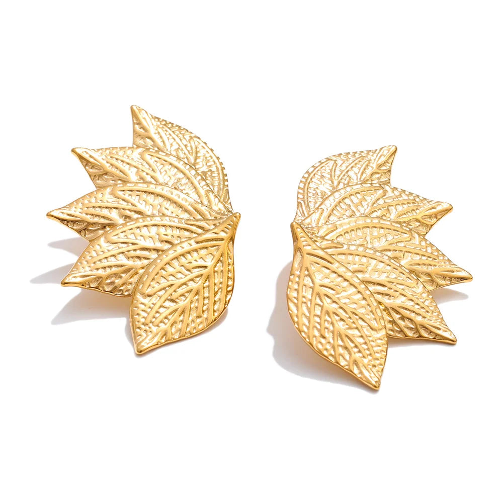 Waterproof jewelry stainless steel leaf studs close up