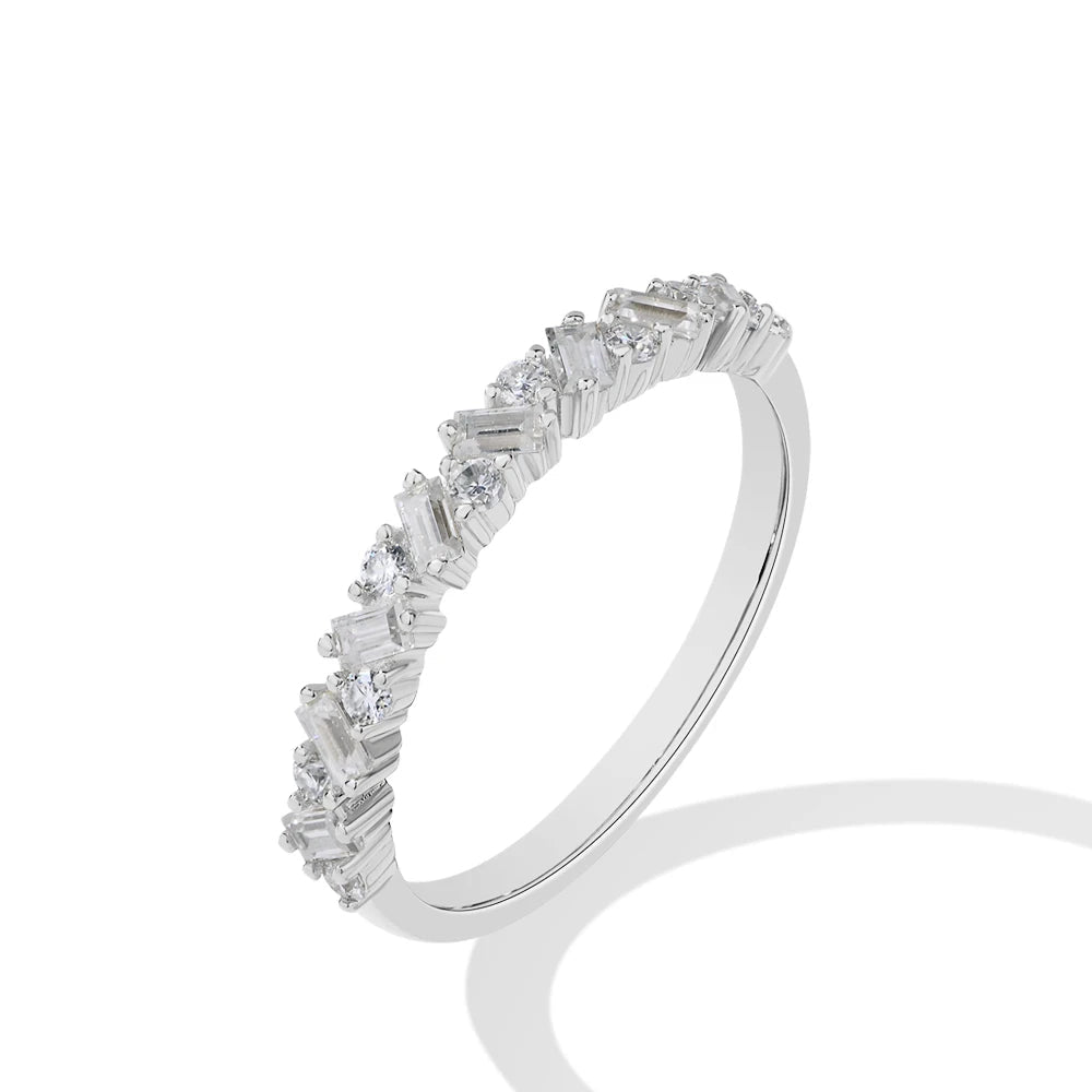 Moissanite ring in 925 sterling silver with baguette moissanite diamonds