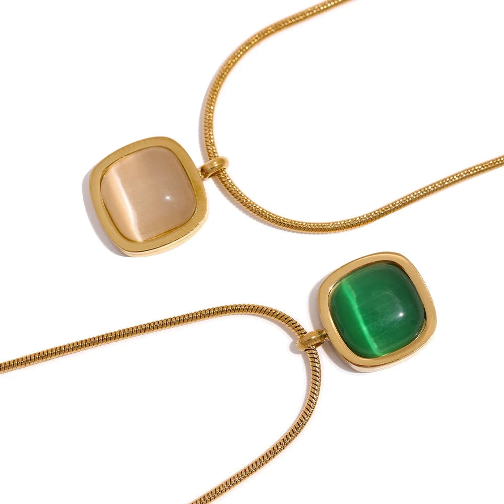 Minimalist Square Green Opal Stone Pendant Necklace