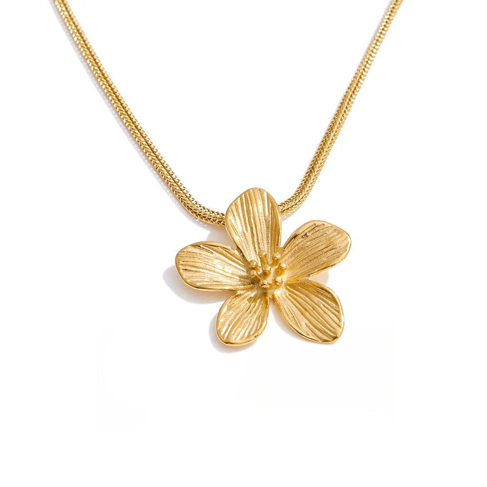 Gold plated flower pendant necklace on stainless steel chain