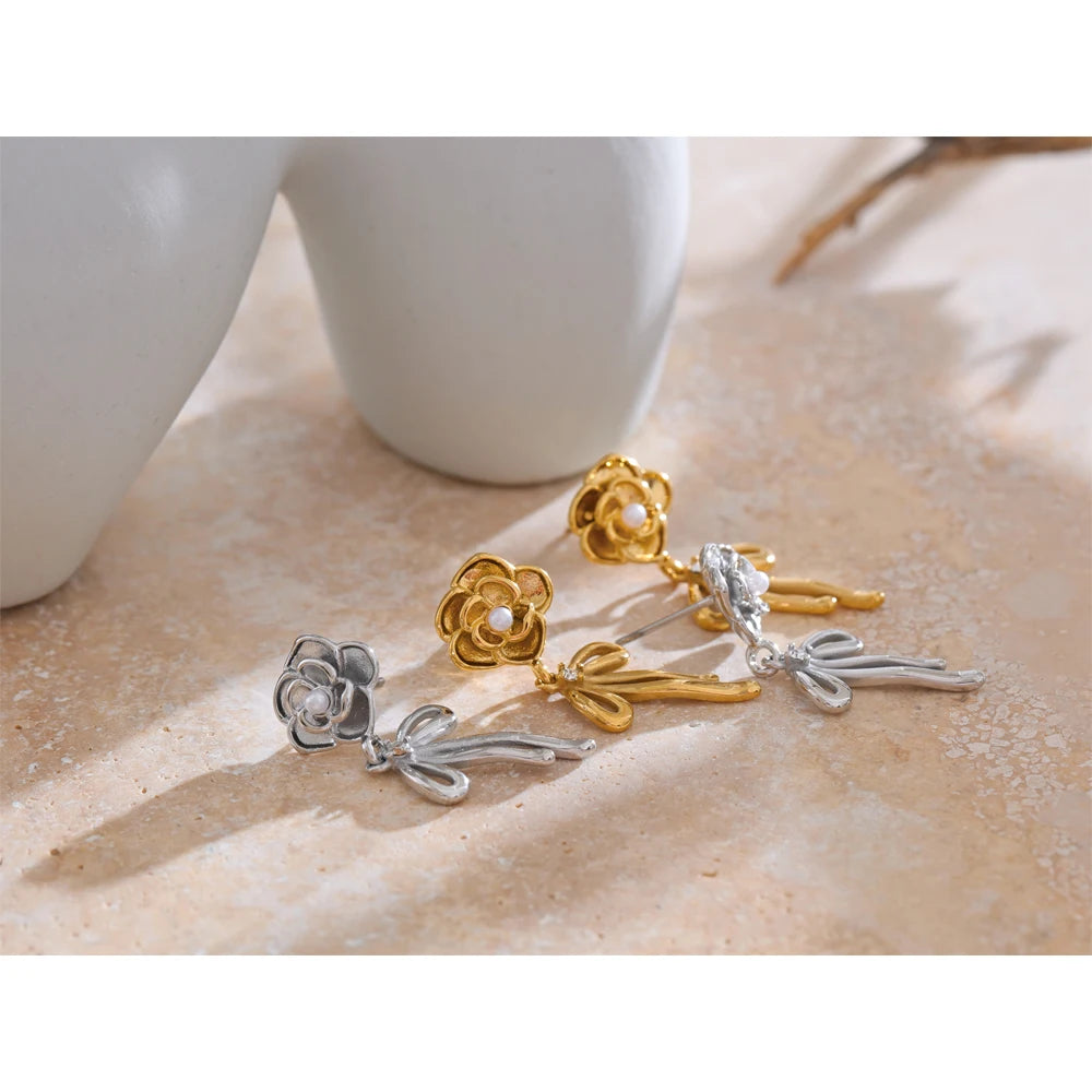 Rose Flower Pearl Bow Knot Drop Earrings