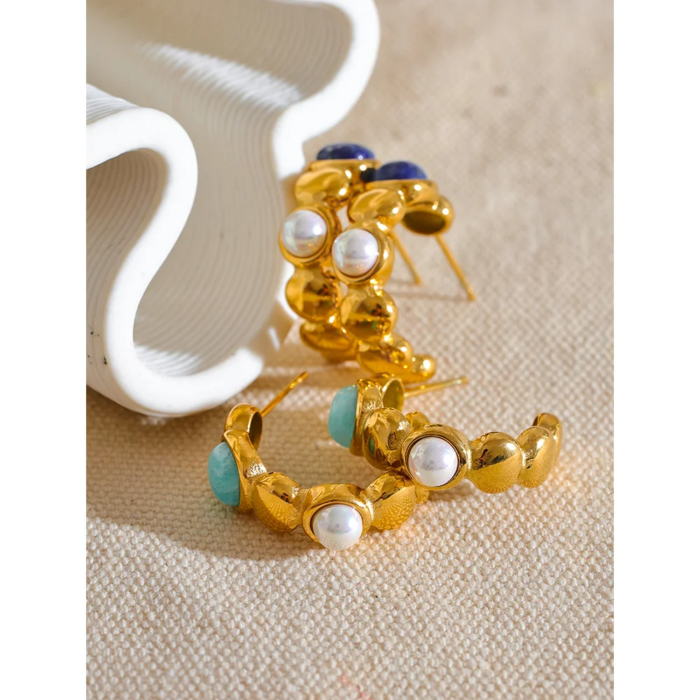 Natural Stone & Imitation Pearl C-Shape Hoop Earrings