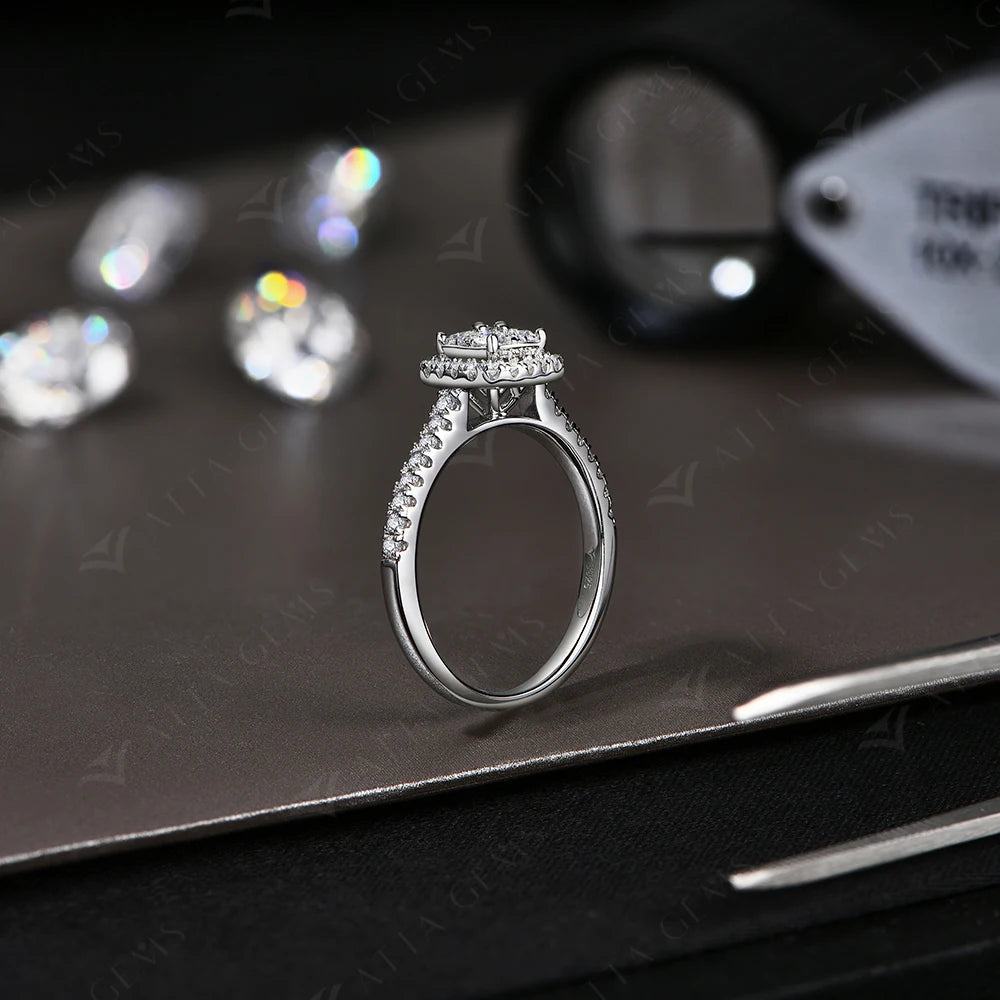 Close view of moissanite ring with ring size from ring fit