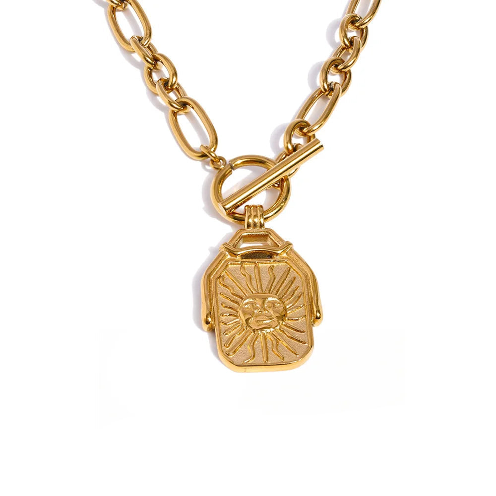 Yhpup Rectangle Double-Sided Sun Moon Pendant Necklace Golden Stainless Steel Toggle-Clasps Distinctive Jewelry New