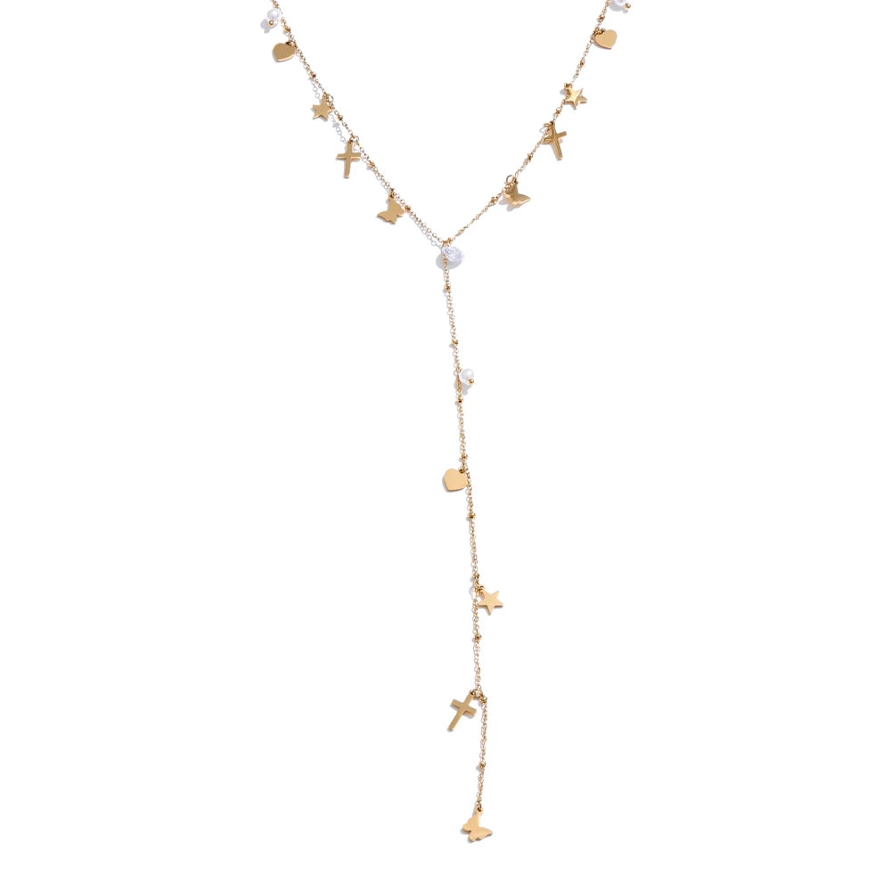 Necklace pearl detail shown on soft Y chain in golden tone