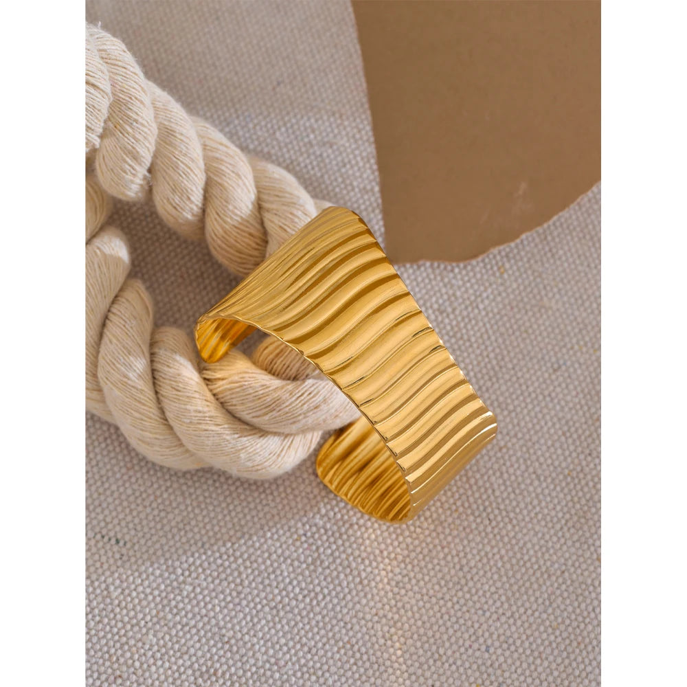 Striped Wide Cuff Open Bracelet in Gold