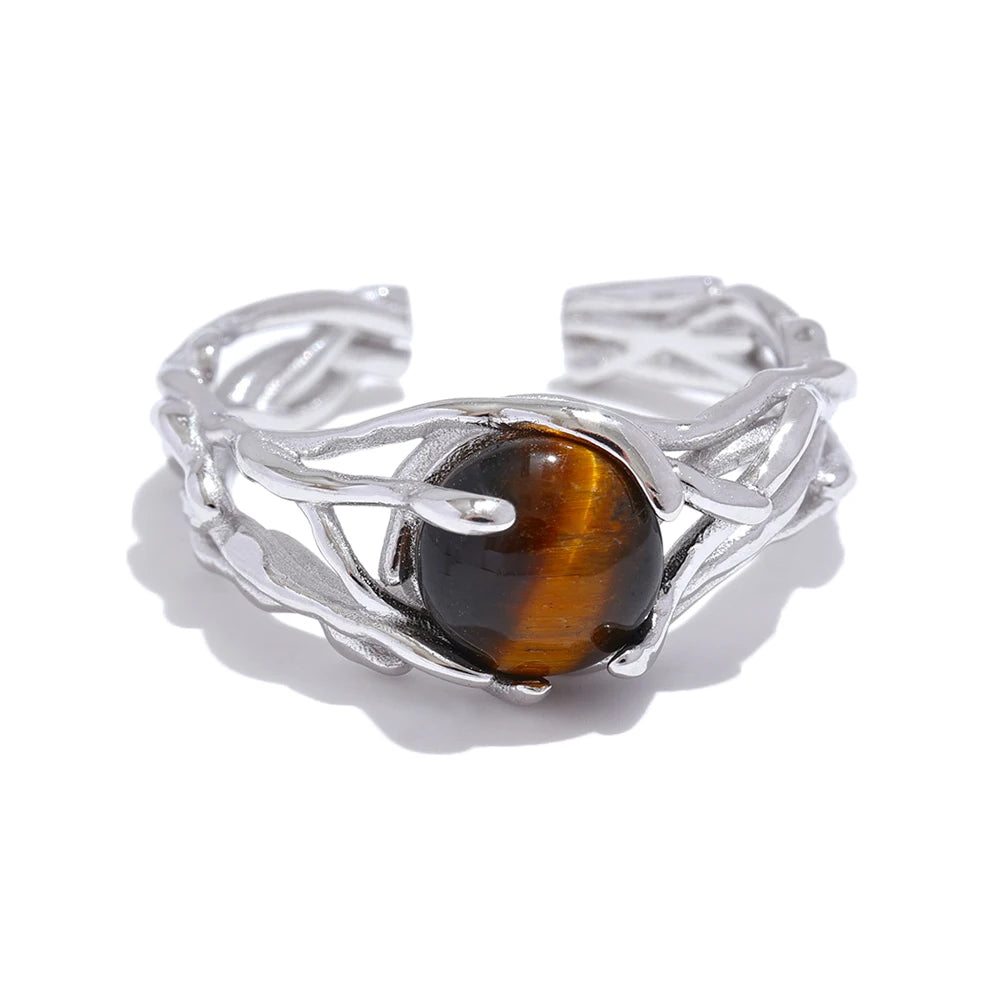 Sterling silver ring with tiger eye stone set as a classic gemstone ring