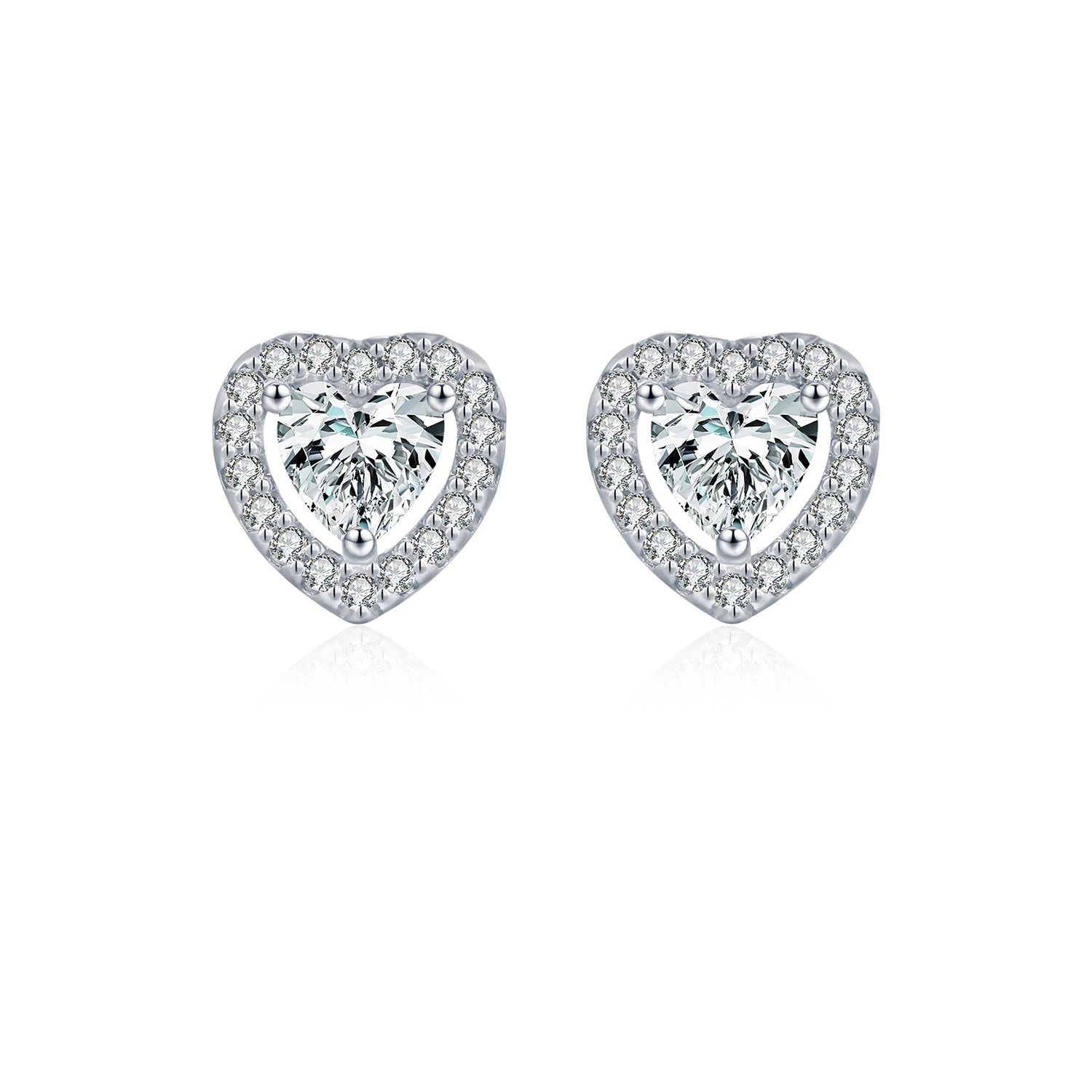 Heart moissanite halo stud earrings in polished 925 sterling silver