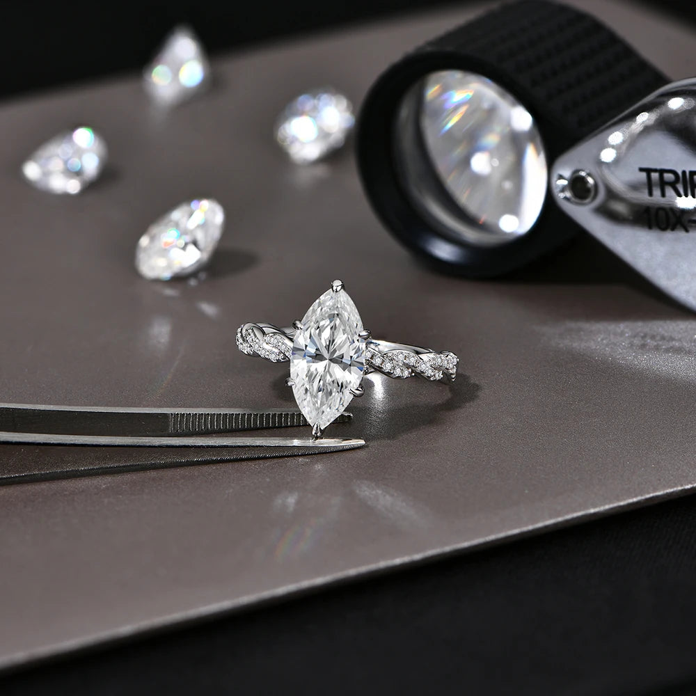 Hand wearing moissanite engagement ring with clear ring size guidance