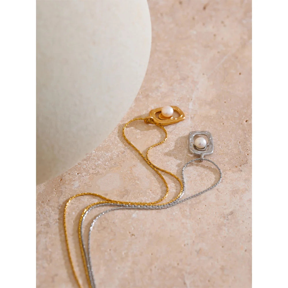 Stainless steel jewelry necklace featuring natural pearl rectangle