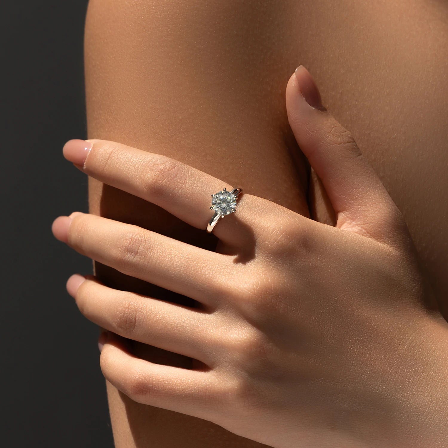 Close view of ring in sterling silver with moissanite jewelry sparkle