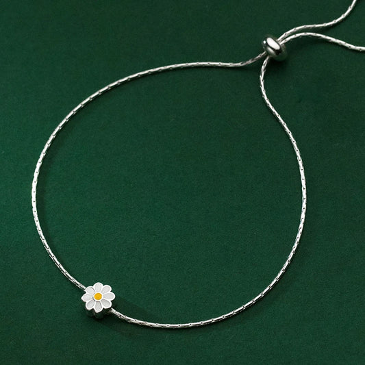 Adjustable Enamel Daisy Charm Bracelet in 925 Sterling Silver