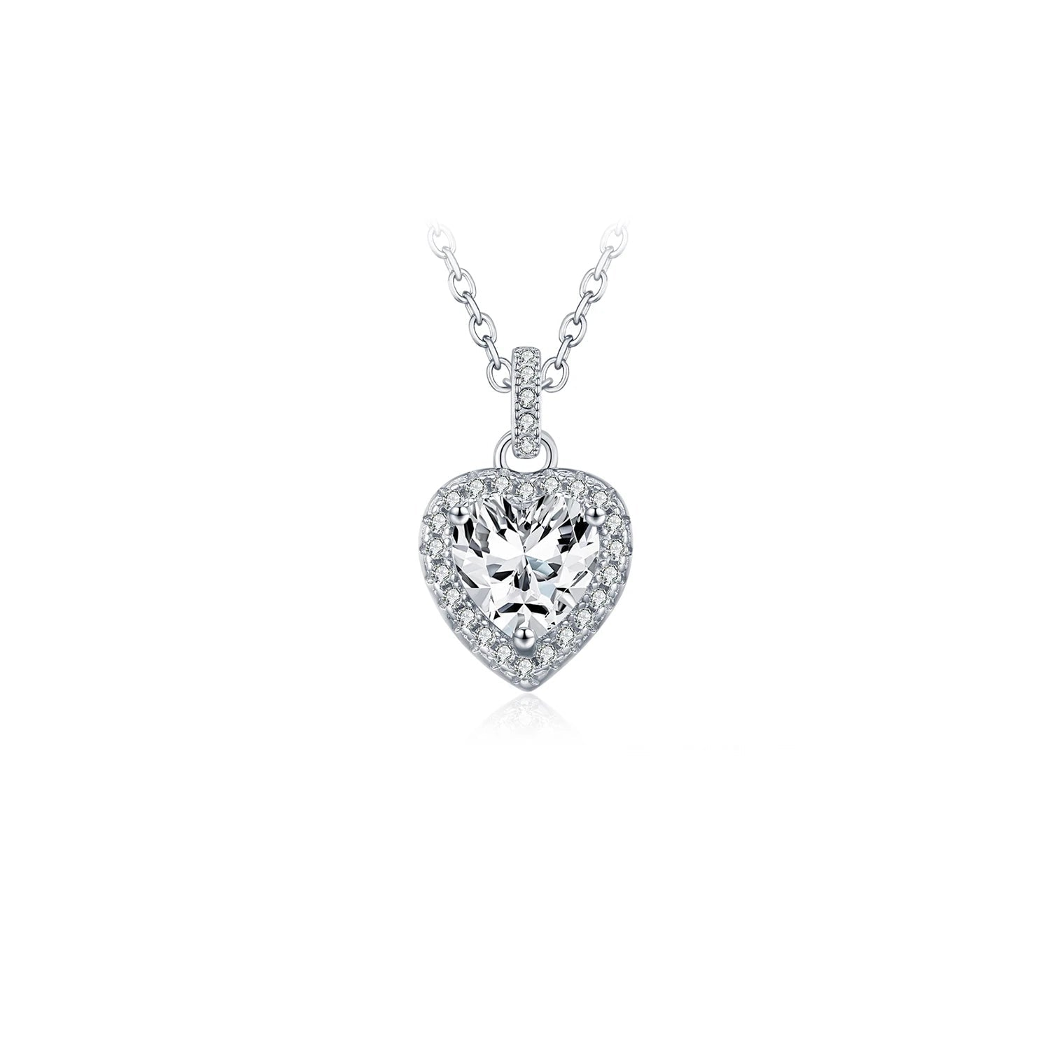 Heart moissanite halo pendant necklace in polished 925 sterling silver chain