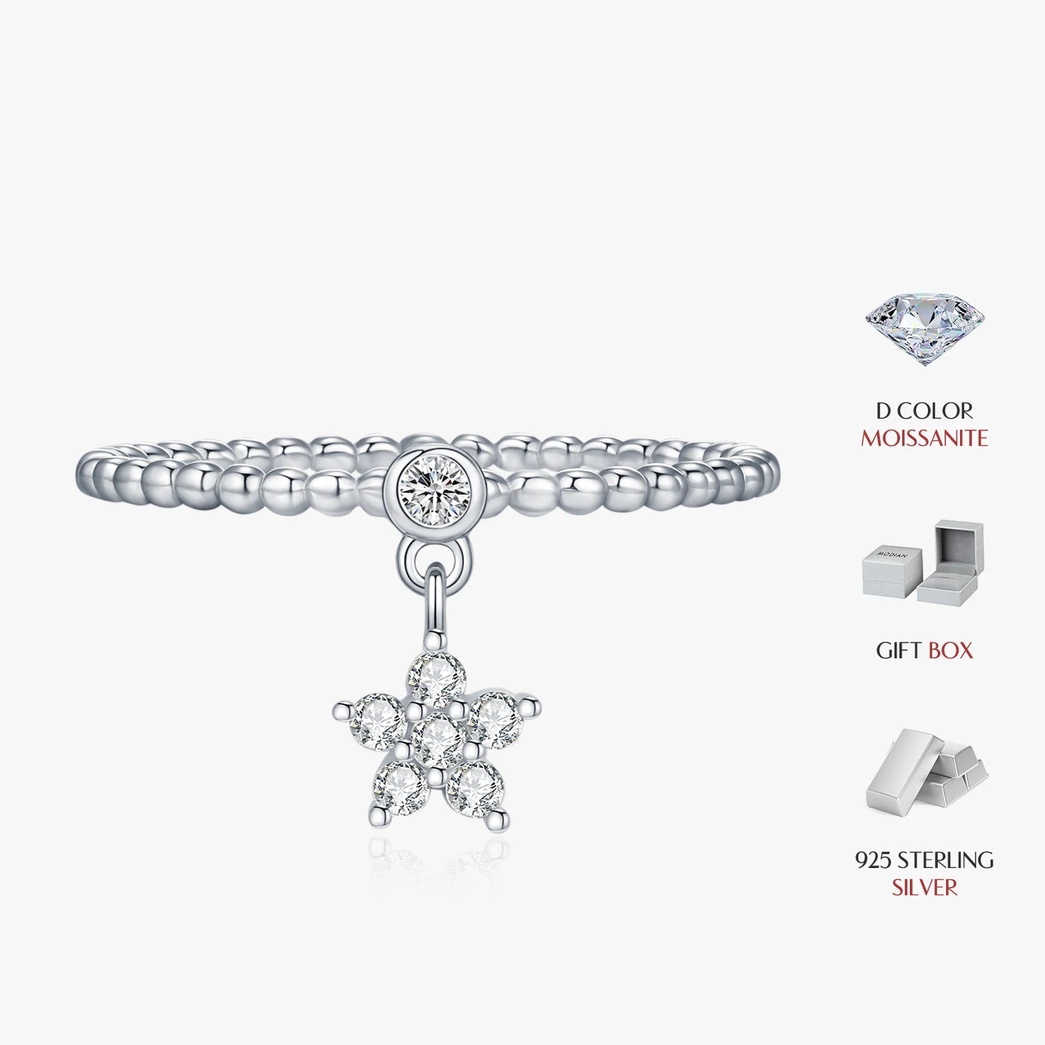 Moissanite jewelry ring in sterling silver with flower and bead accents