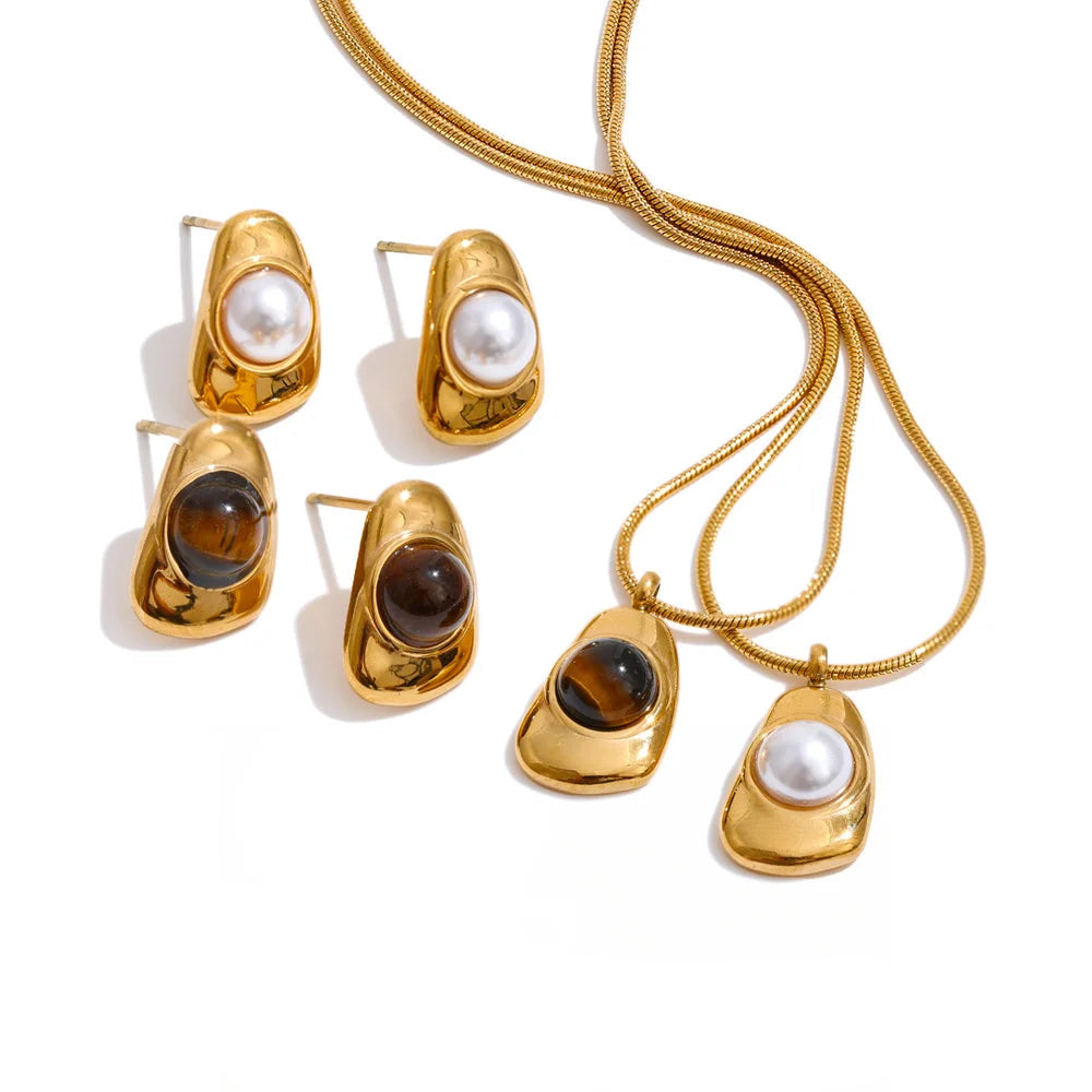 Tiger eye stone necklace and earrings set with pearl earrings in gold plated finish