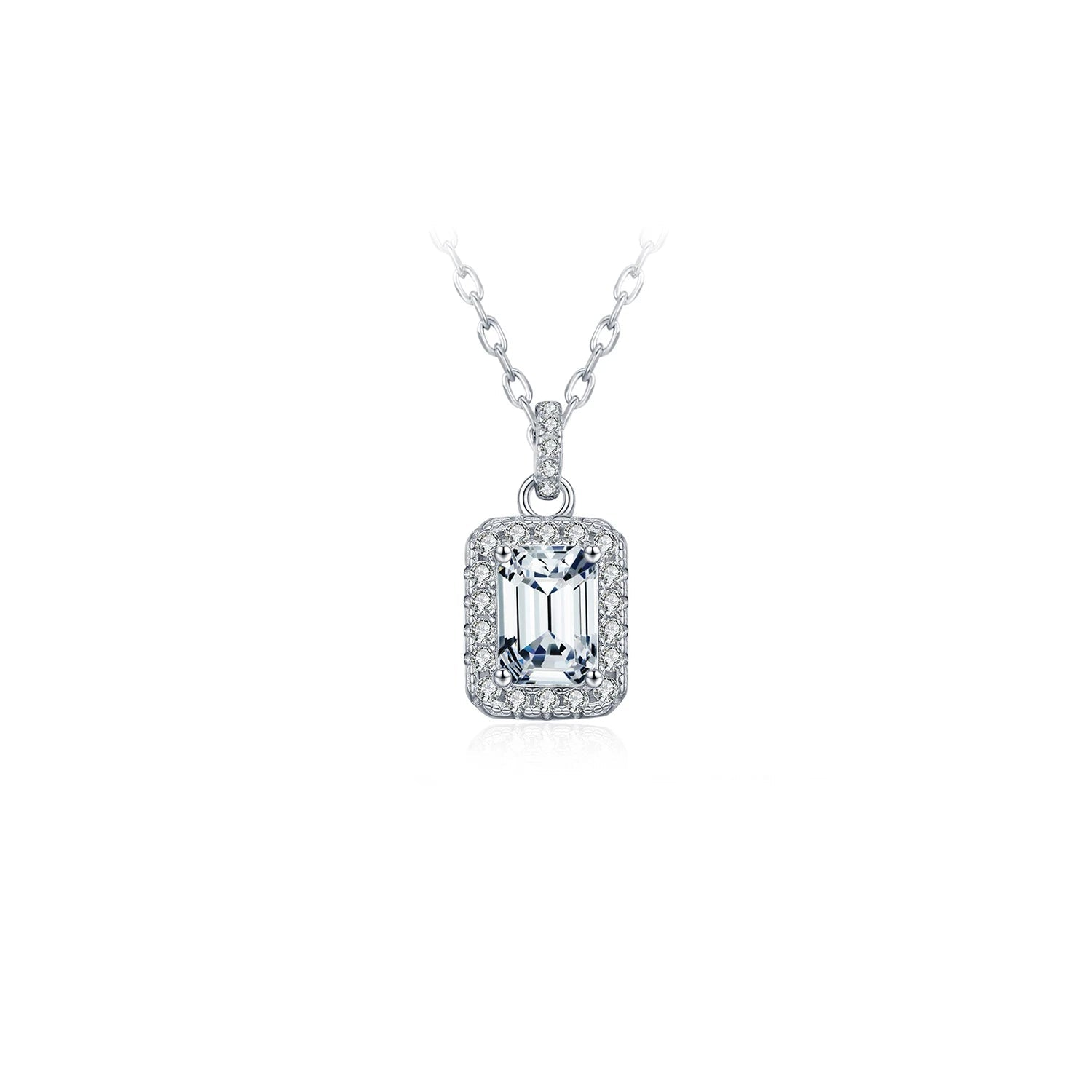 Emerald cut moissanite halo pendant necklace in 925 sterling silver for women