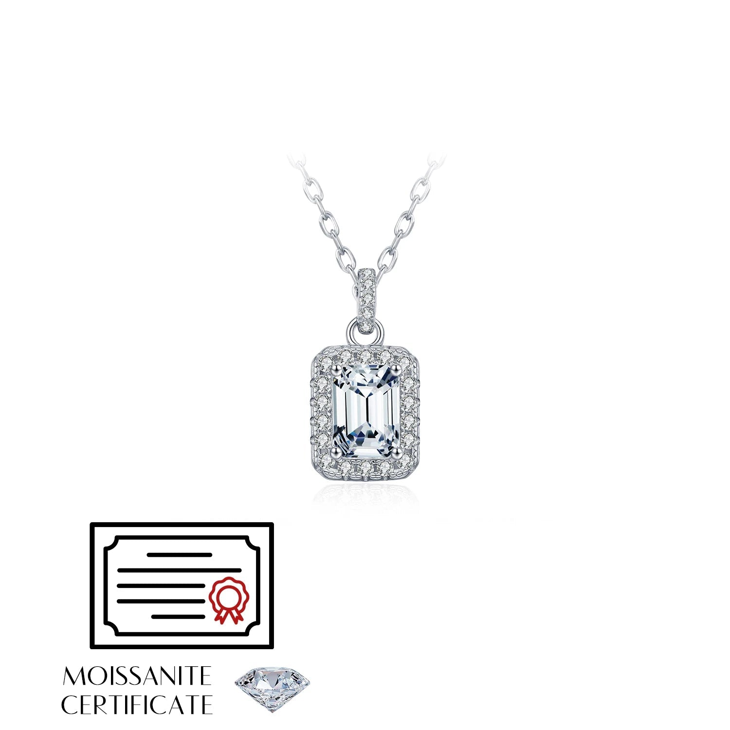 Refined pendant necklaces design with polished silver and moissanite halo