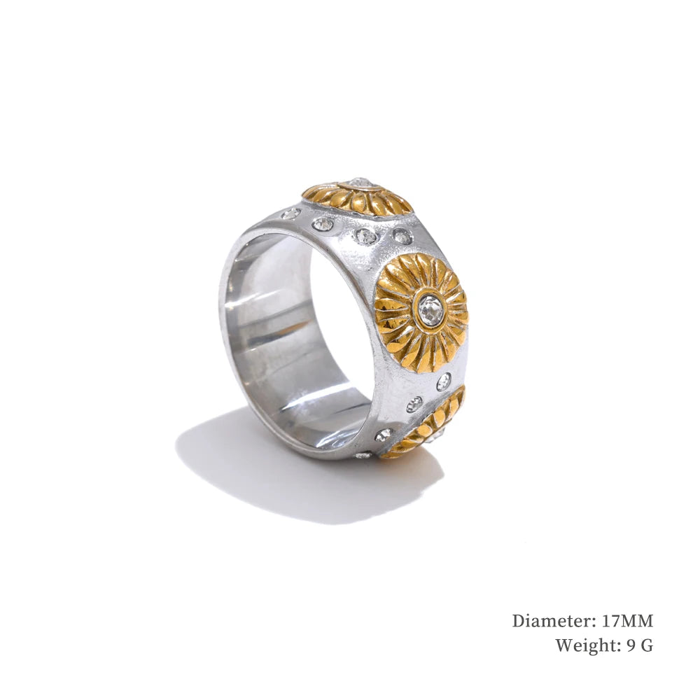 Gold jewelry set with floral earrings ring and bangle