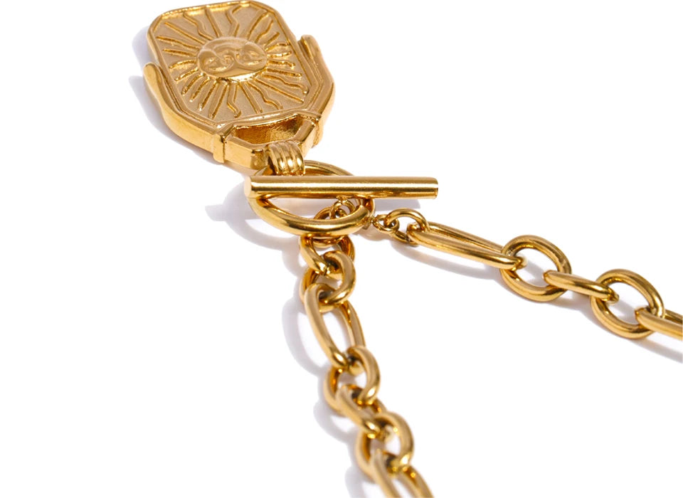 stylish gold plated long chain necklace sun moon motif for daily wear