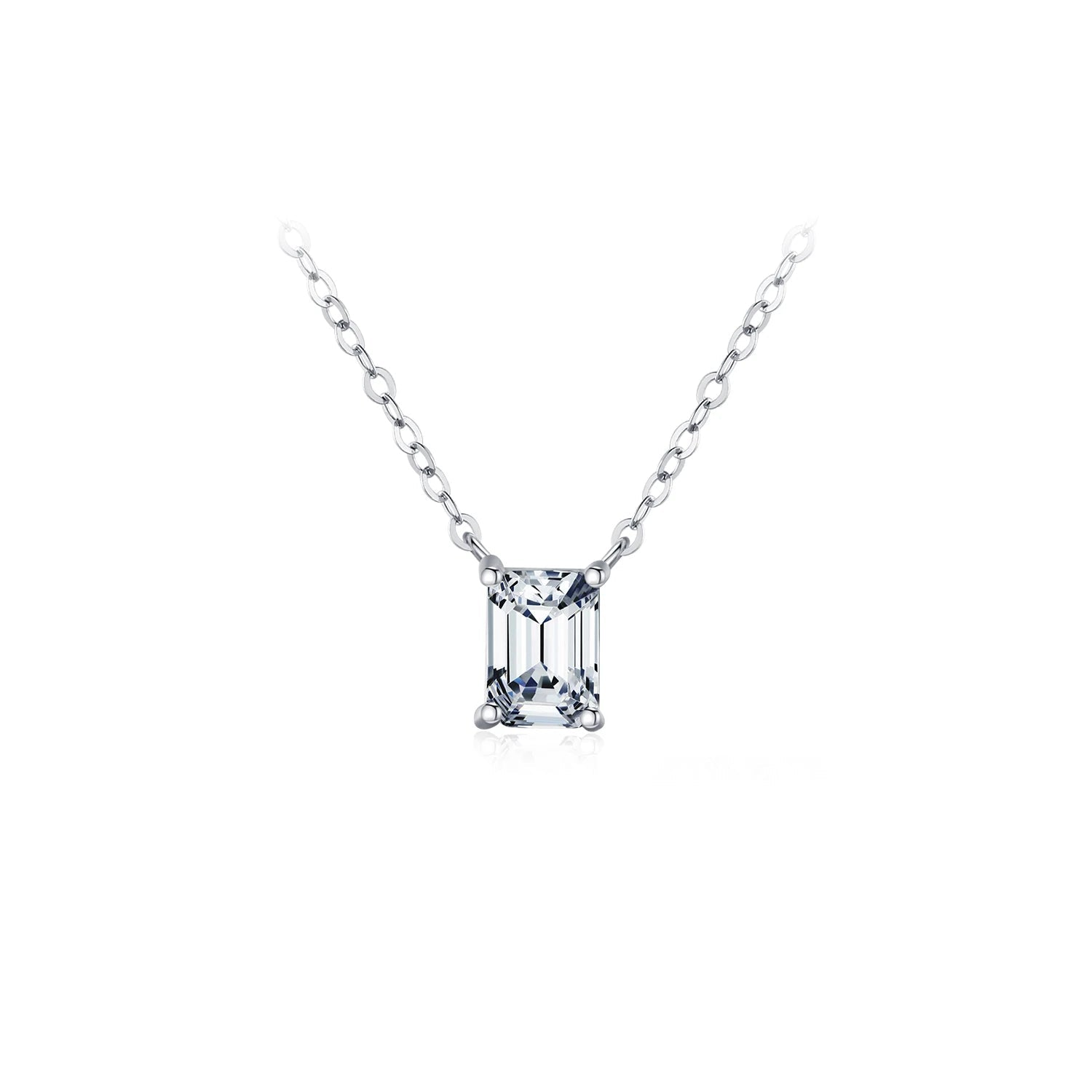 Emerald cut moissanite pendant necklace in polished 925 sterling silver chain
