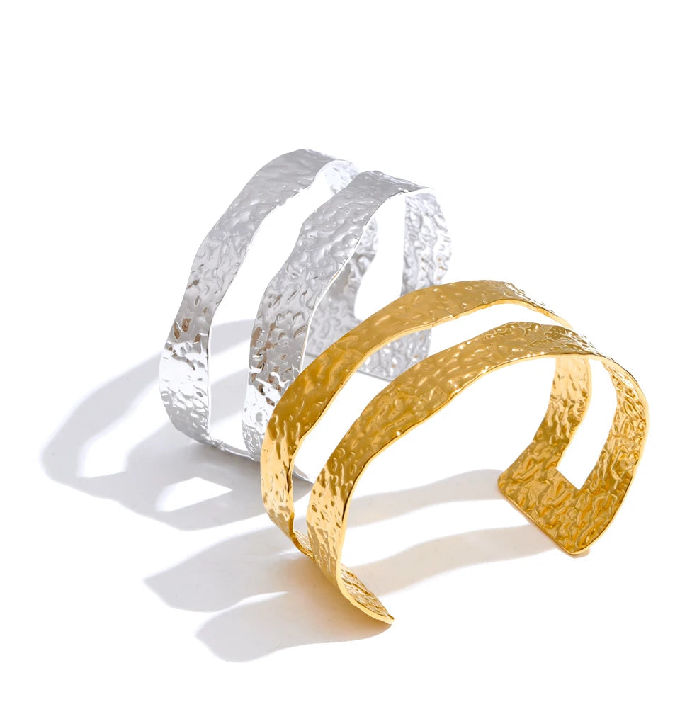 gold plated cuff bracelet with layered metal design for bold wrist styling