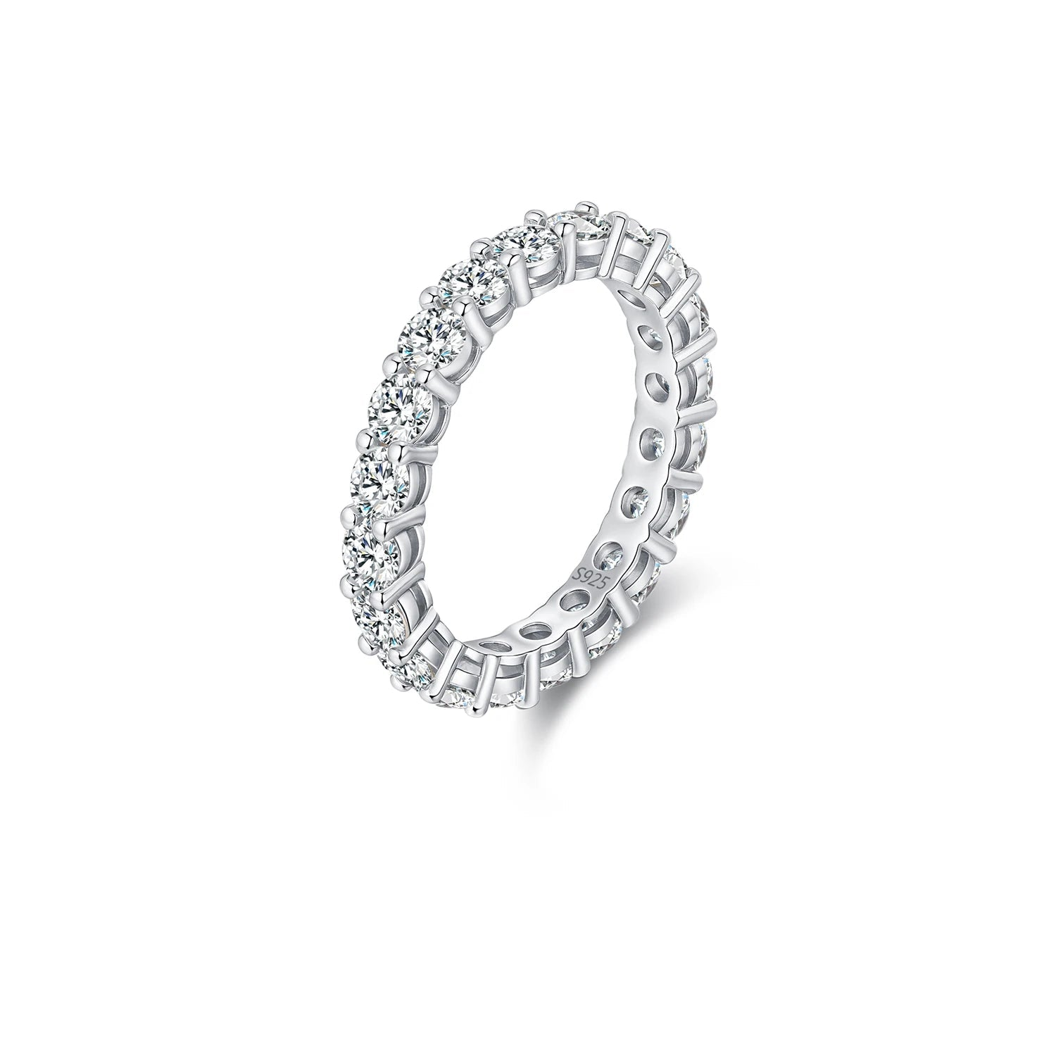 Eternity band ring with moissanite stones in polished 925 sterling silver