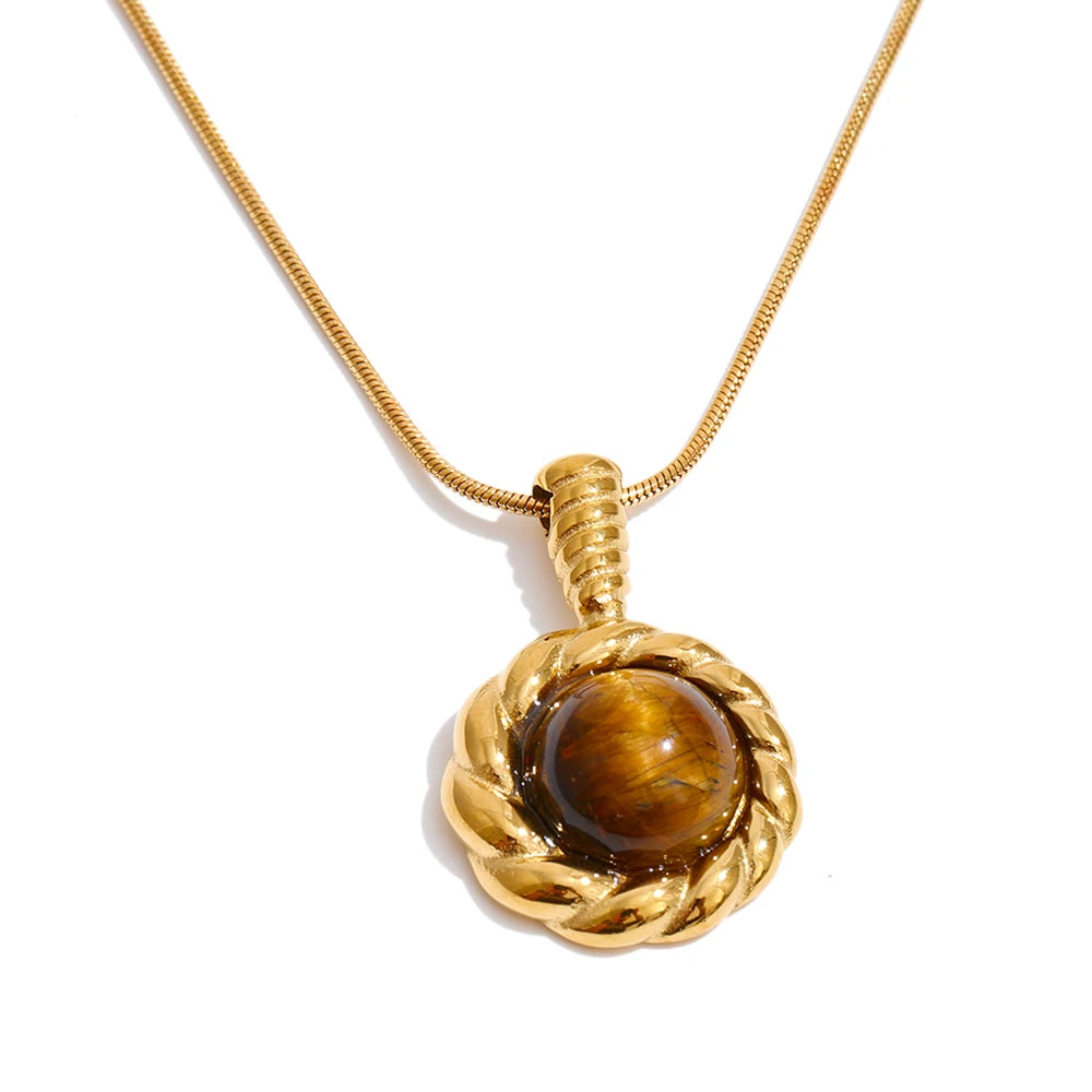 Elegant golden jewelry necklace with tiger eye stone charm